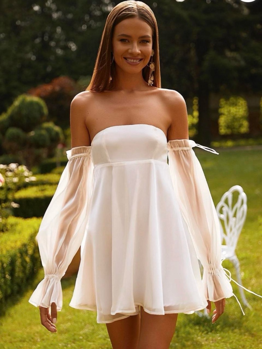 Alamour The Label White Off-Shoulder Mini Dress with Sheer Sleeves